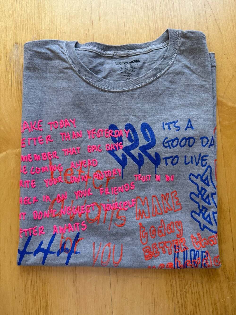 Fashion Nova Men's Gray Inspirational Quotes and Numbers Graphic T-Shirt Size 2X